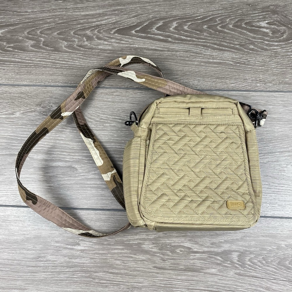 Lug Flapper Crossbody Bag Beige With Camo Strap 8"x9"